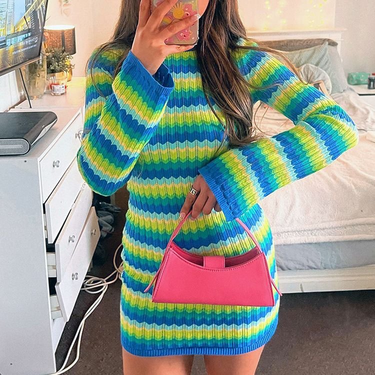 Stripe Knit Women Beach Dress Bodycon Backless Long Sleeve Green Y2K 2022 Casual Summer Holiday Sexy Dresses Party Mini