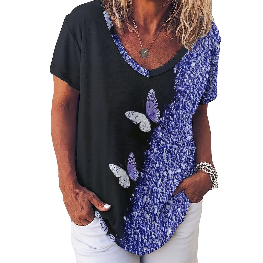V-neck Short Sleeve Casual T-shirt for  Women Printed with Pattern Purple, Butterfly, Glitter