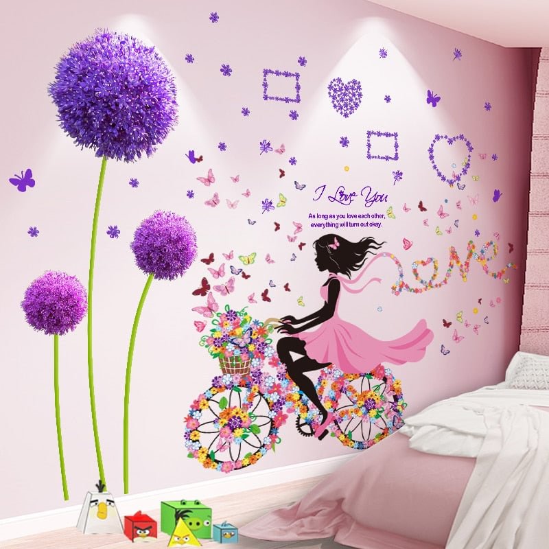 [shijuekongjian] Fairy Girl Wall Stickers DIY Dandelion Flowers Plant Mural Decals for Kids Room Baby Bedroom House Decoration