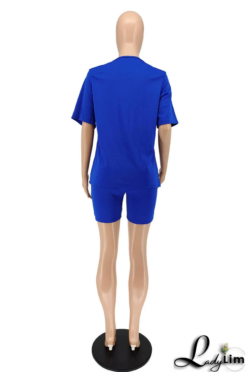 Blue Fashion Casual Solid Basic O Neck Short Sleeve Two Pieces