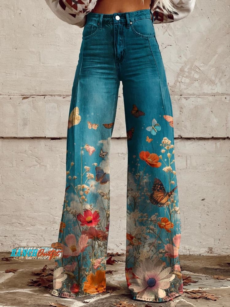 Women’s Blue Flowers And Butterflies Print Casual Wide Leg Pants Multicolor / Xs