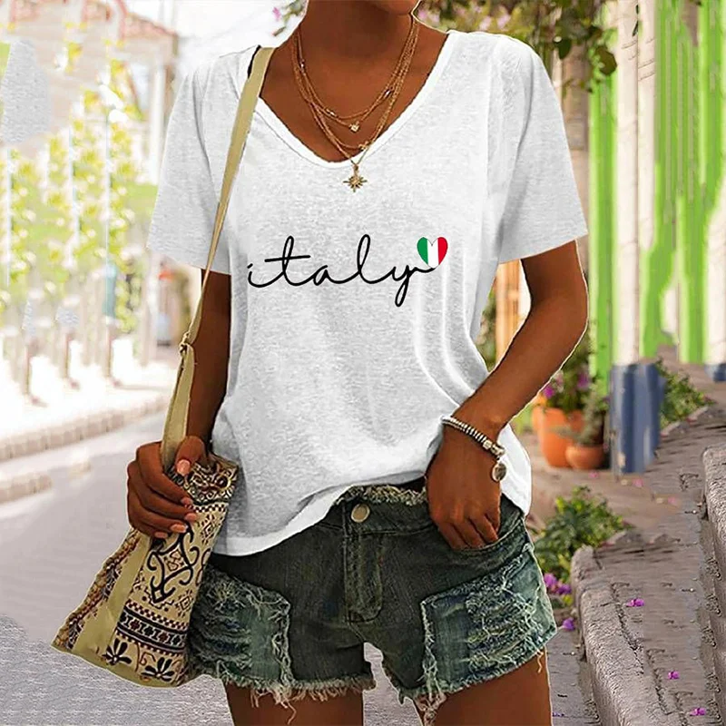 T-shirt da donna con scollo a V e stampa Italia