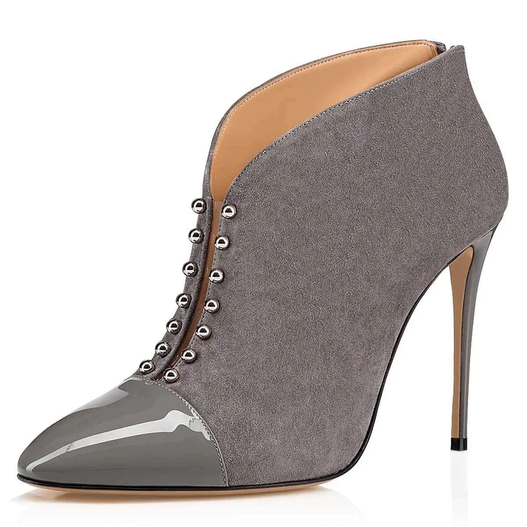 Grey Vegan Suede Pointy Toe Studs Stiletto Heel Ankle Boots |FSJ Shoes