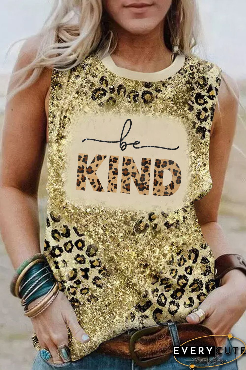 Be KIND Sparkle Leopard Print O-neck Tank Top