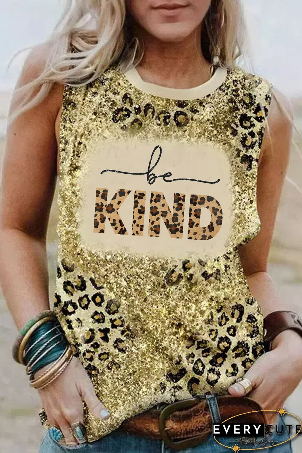 Be KIND Sparkle Leopard Print O-neck Tank Top