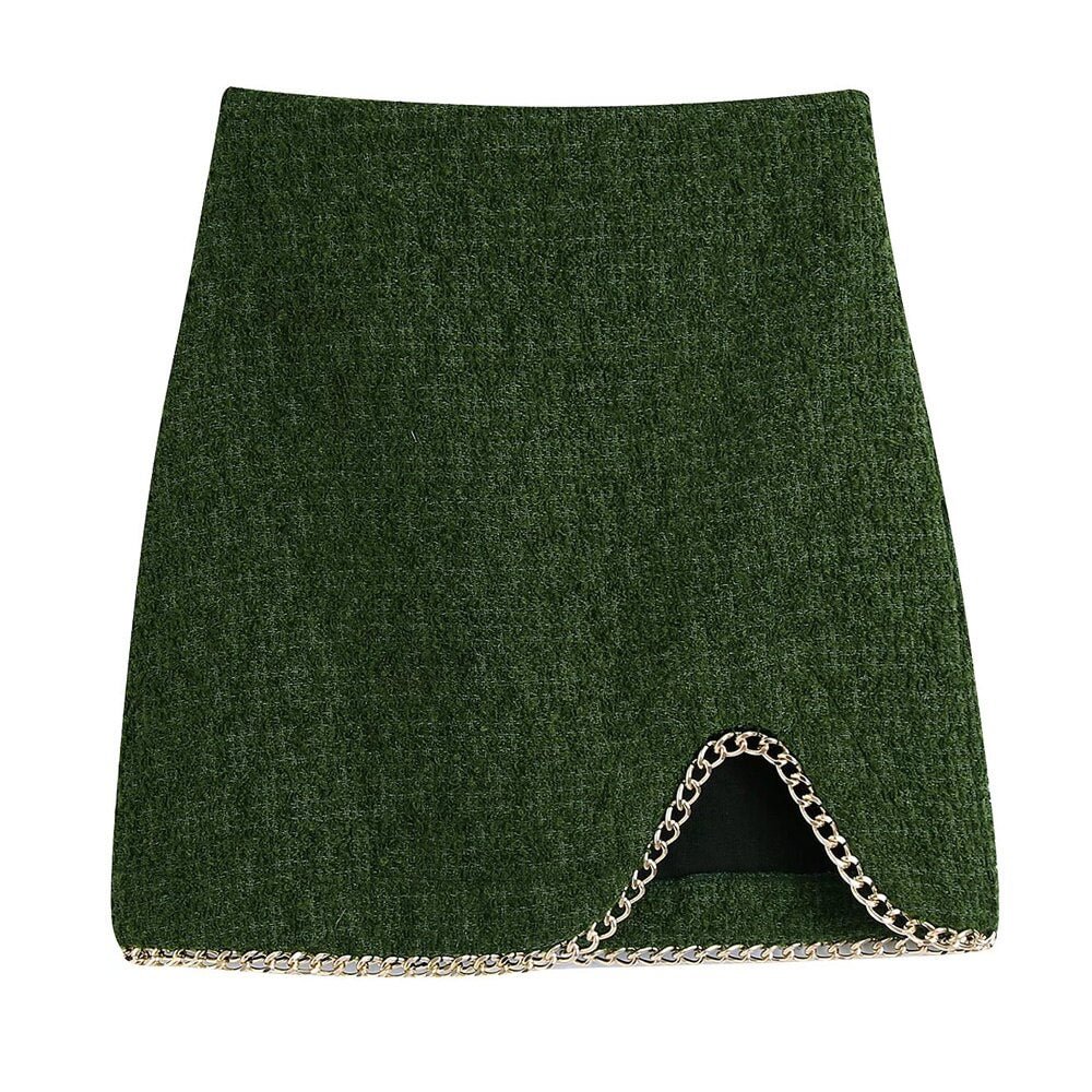 TRAF Women Chic Fashion With Chain Detail Front Slit Mini Skirt Vintage High Waist Back Zipper Female Skirts Mujer