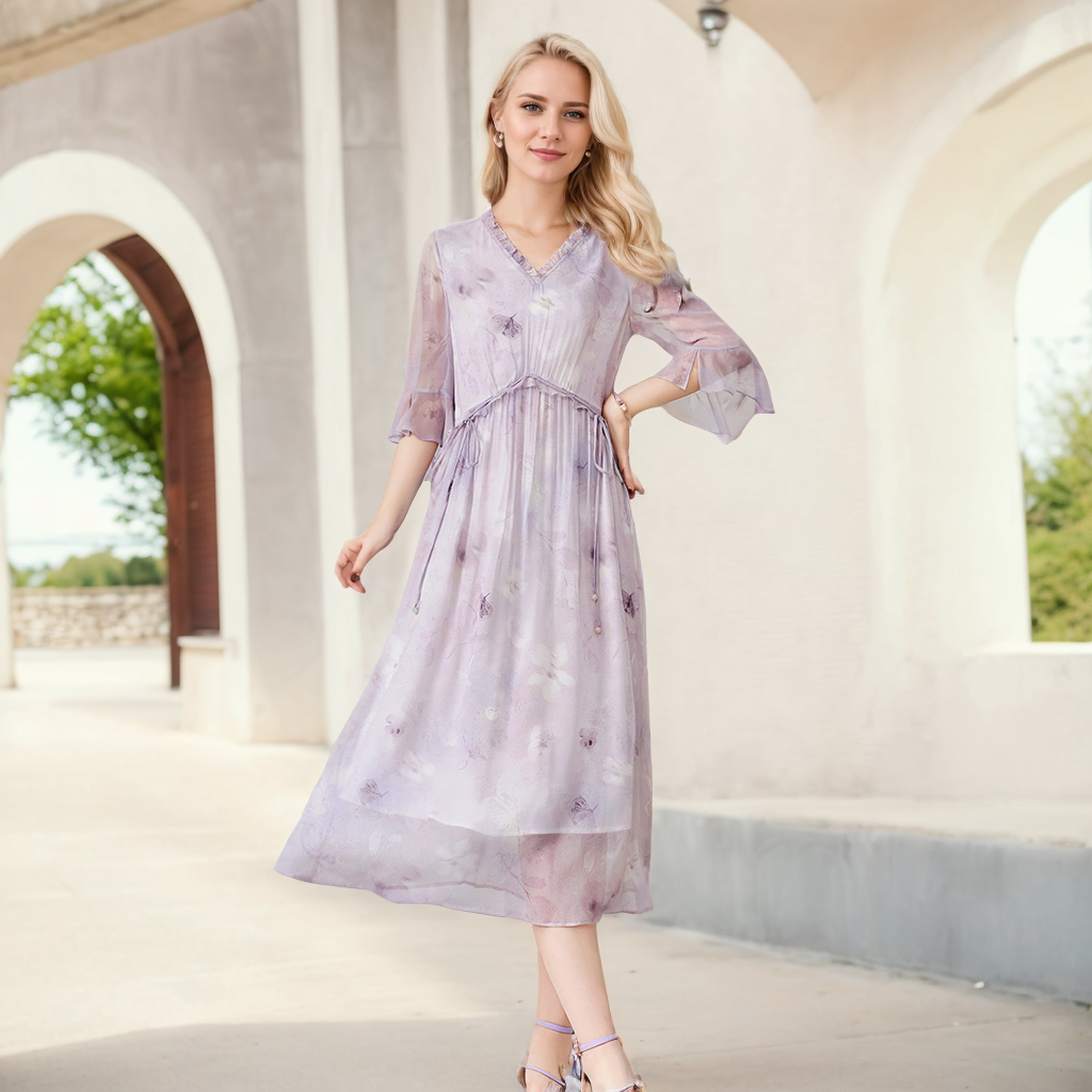 Purple Silk Midi Dress Gentle Beach Style REAL SILK LIFE