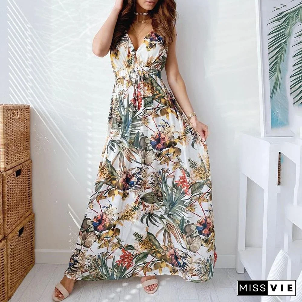 Lace-Up V-Neck Floral Sleeveless Dress