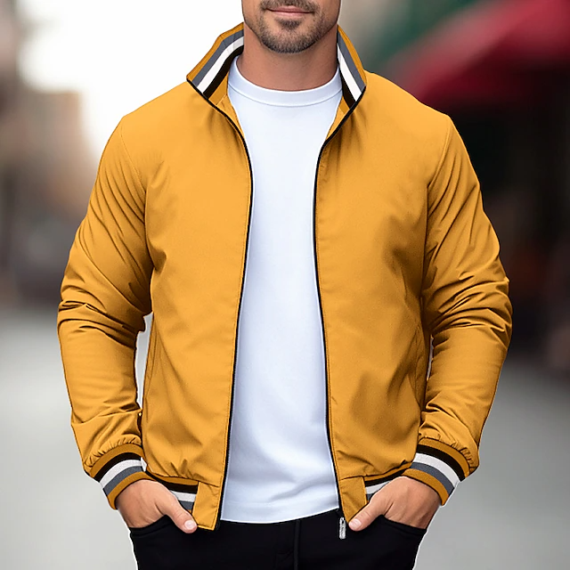 Men's Sport Coat Daily Wear Warm Casual Contrast Striped Trim Zipper Pockets Fleece-lined Jacket