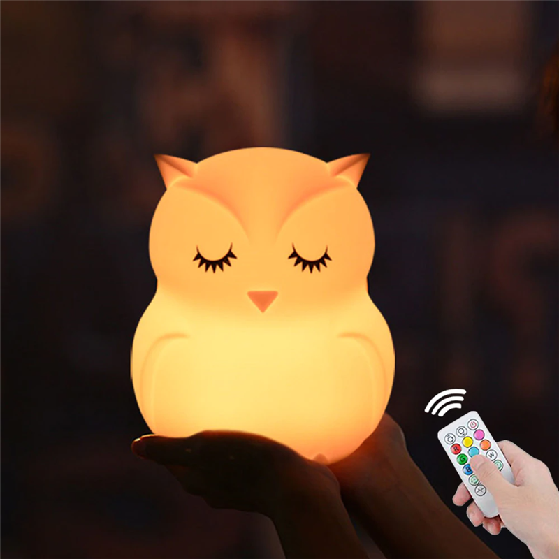 Owl LED Night Light Touch Sensor Remote Control 9 Colors Dimmable Timer USB Rechargeable Silicone Bedside Lamp for Children Baby、14413221362536236236、sdecorshop