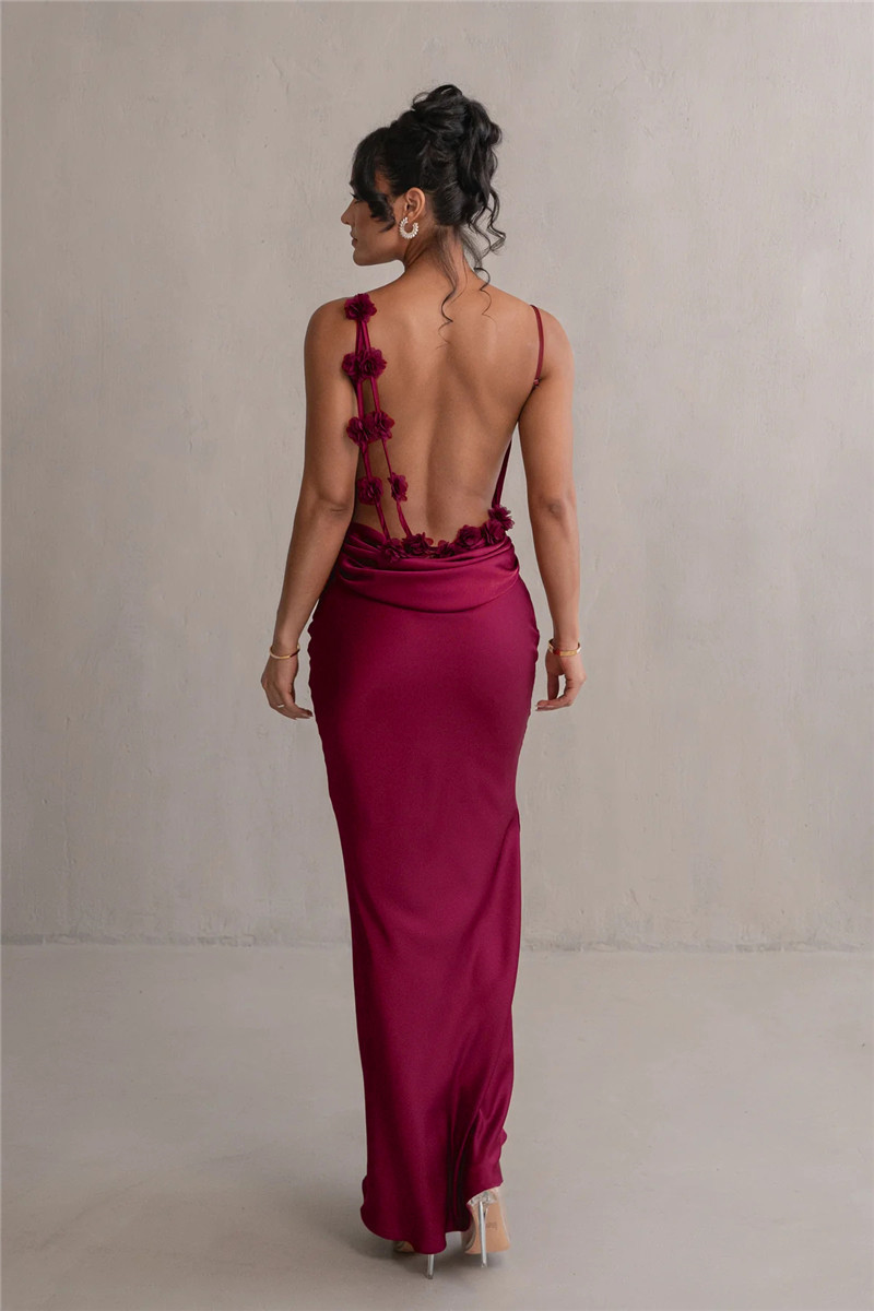Ootddress Floral Draped Backless Maxi Long Dress For Women Fashion Spaghetti Strap Sleeveless Bodycon Evening Party Dress Elegant