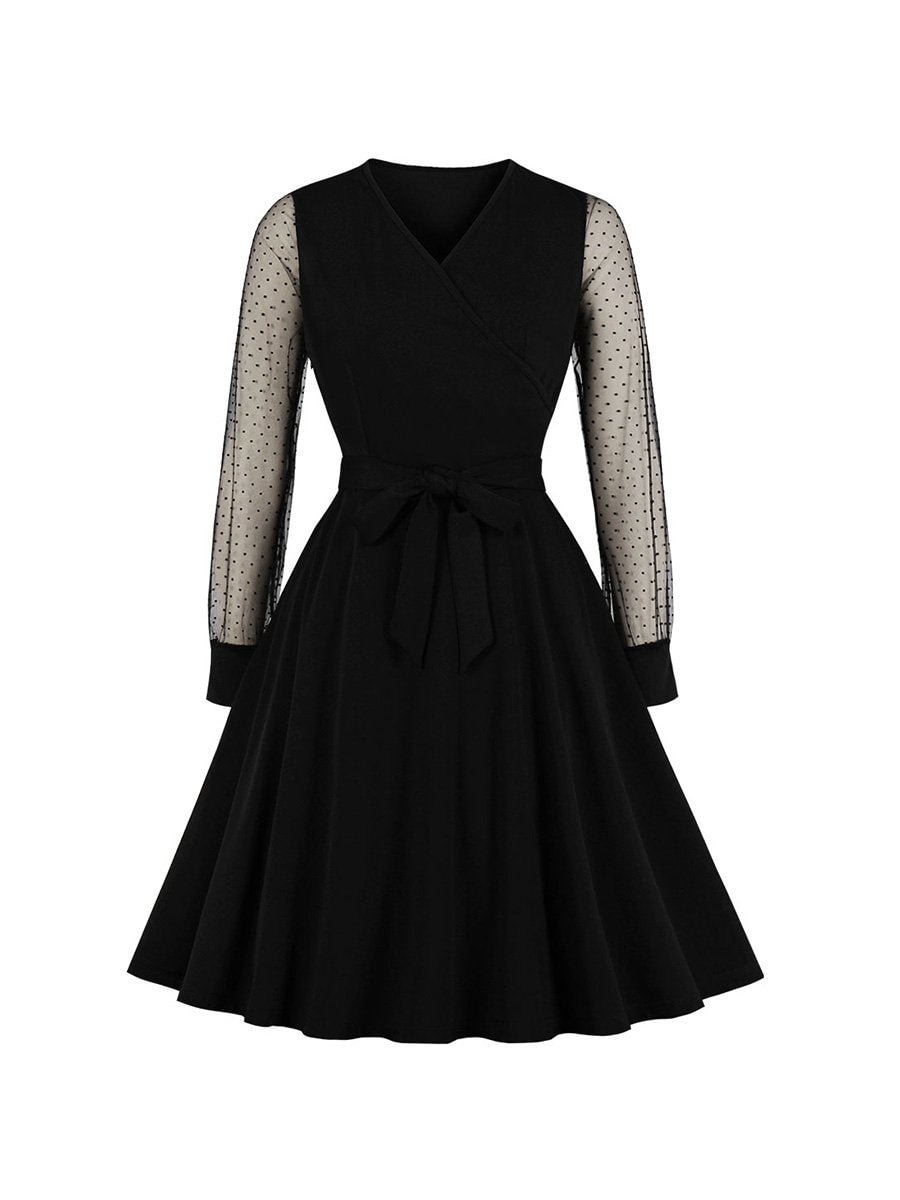 Swing Dress Mesh Long Sleeve Polka Dot Mid Dress