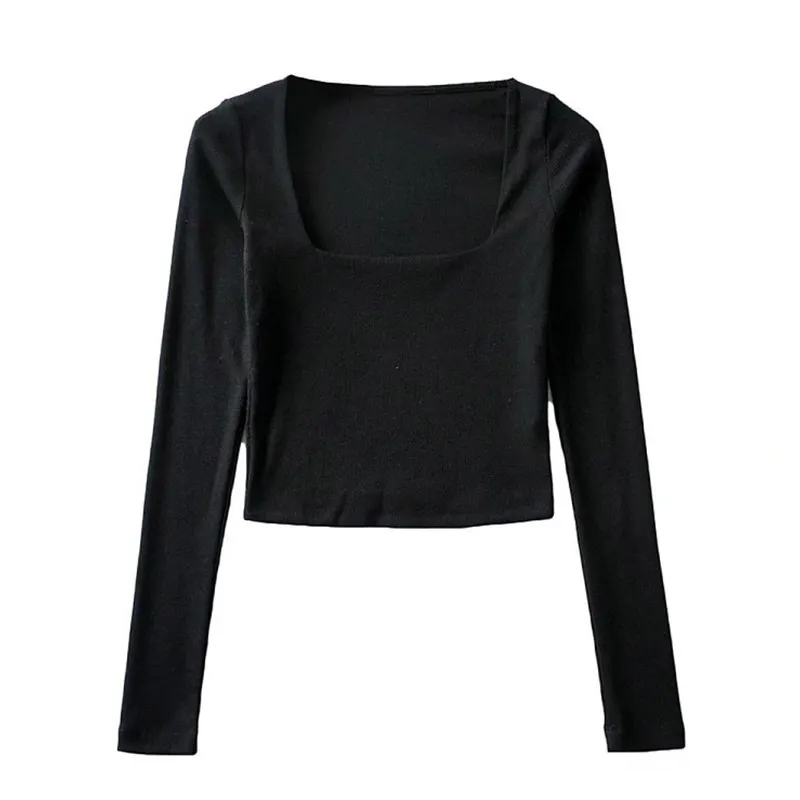 Churchf Churchf New Square Neck Top Vintage Long-Sleeved T-Shirt Women Short High Waist Slim Inside Tight Slim Undershirt