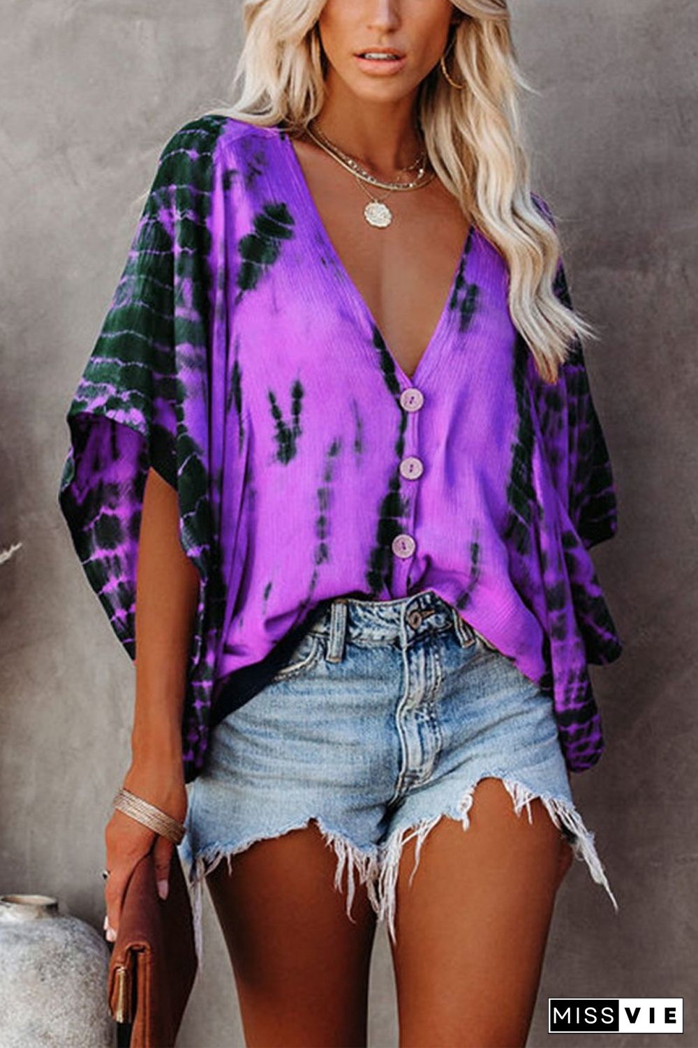Tie Dye Print V-Neck Bat Sleeve Blouse
