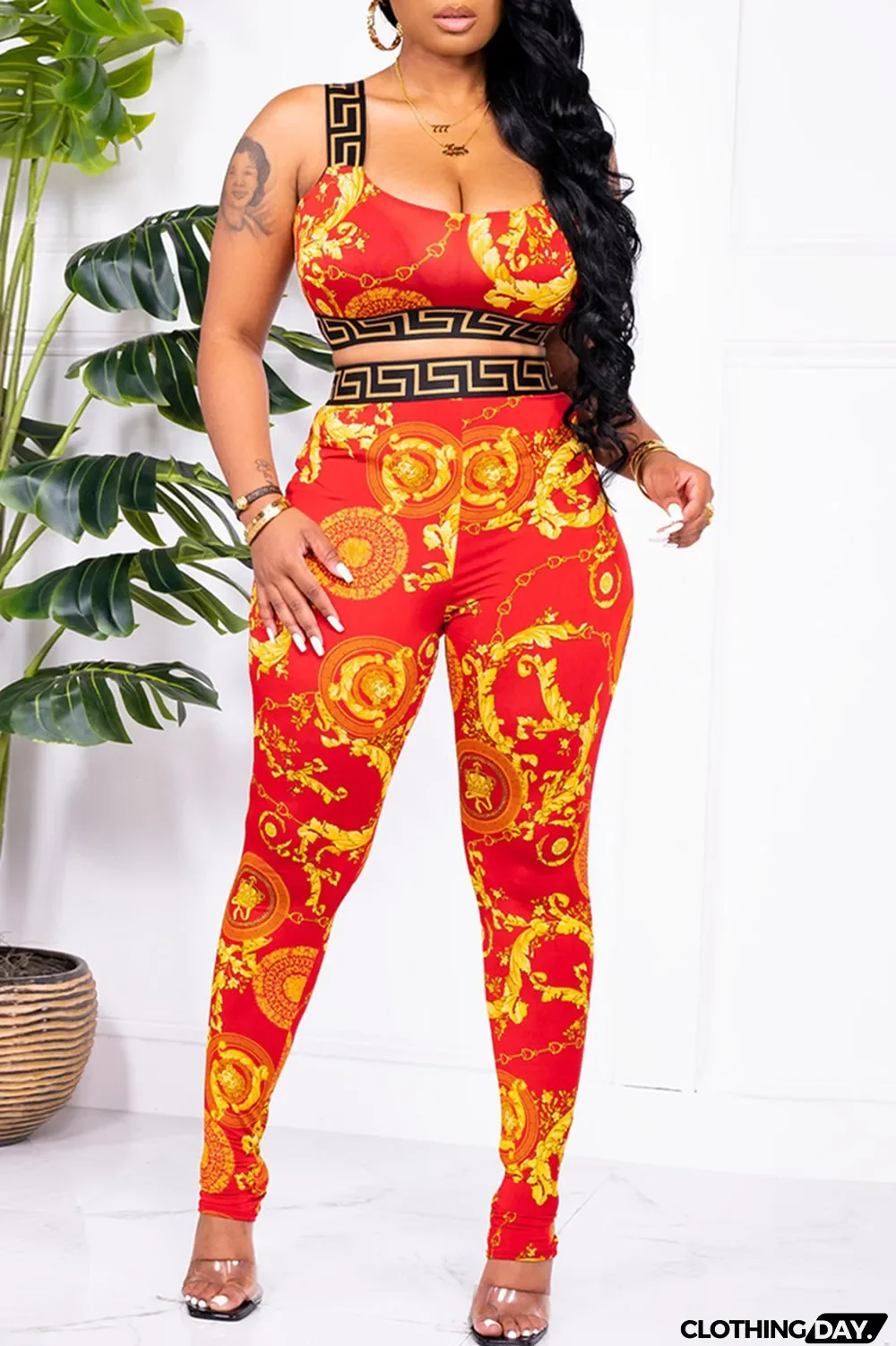 Black Fashion Casual Print Patchwork Backless O Neck Sleeveless Two Pieces