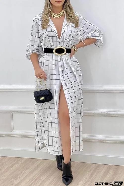 Plaid Print Button Maxi Shirt Dress
