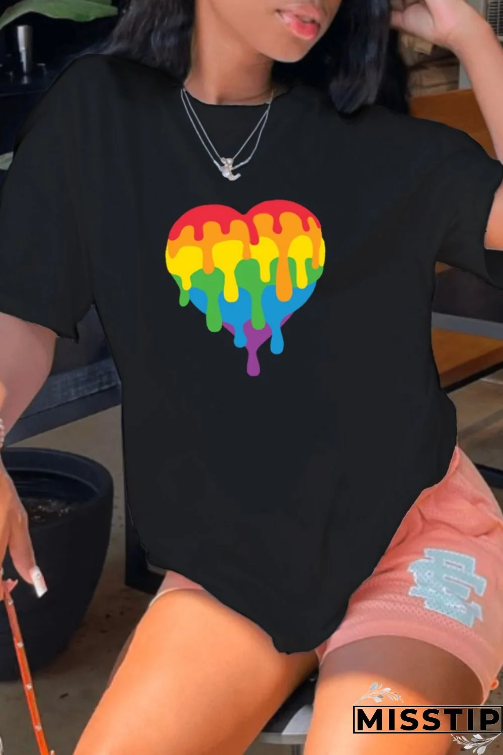 Black Casual Print Basic O Neck T-Shirts