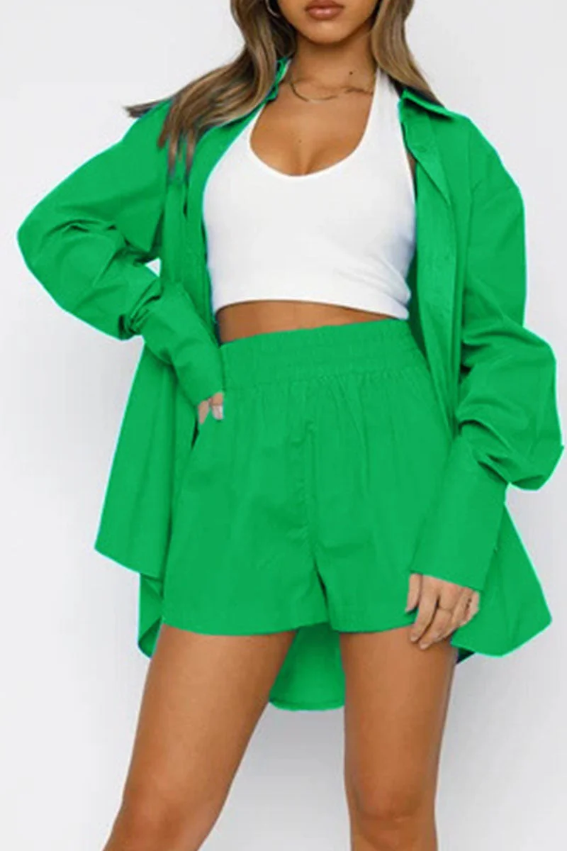Casual Solid Split Joint Buckle Turndown Collar Long Sleeve Two Pieces