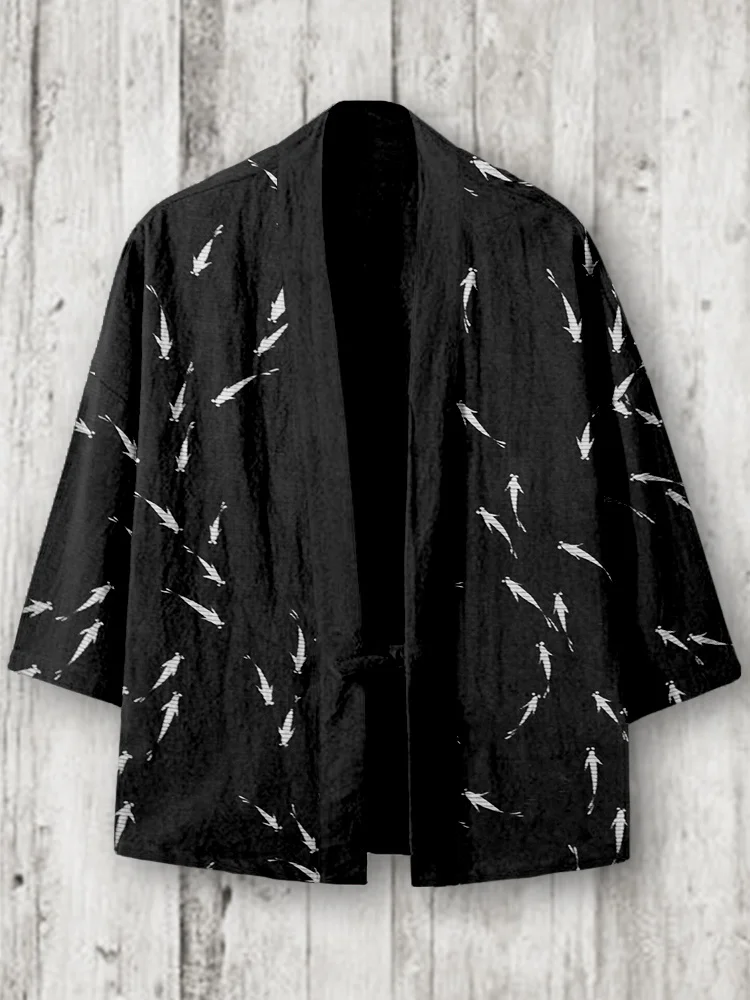 Vintage Japanese Medaka Fish Art Linen Blend Kimono Cardigan