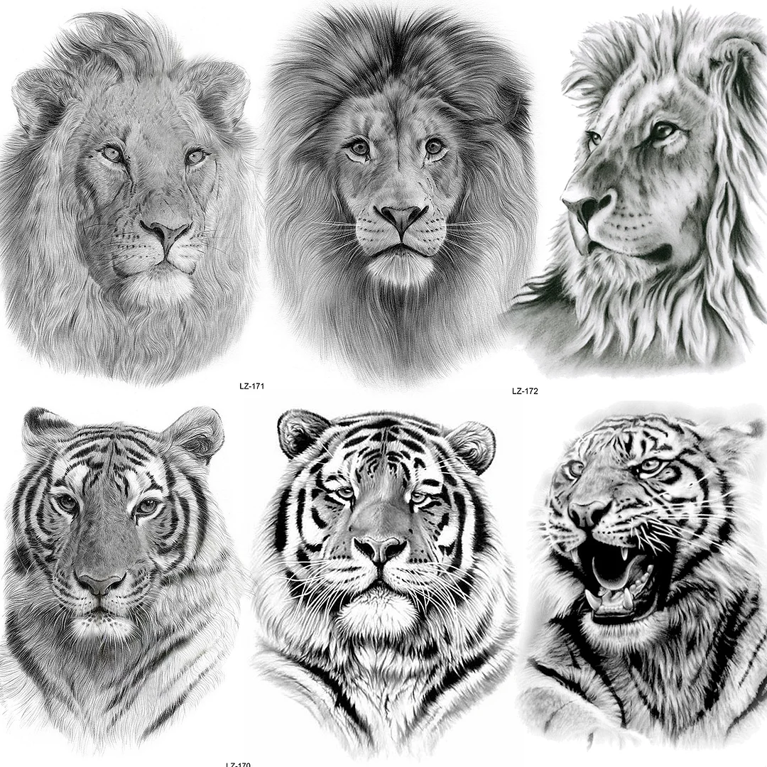 Sdrawing High Quality Lion Tiger Temporary Tattoos For Men Boys Realistic Fake Black Waterproof Tattoos Decal For Adult Party Supplies