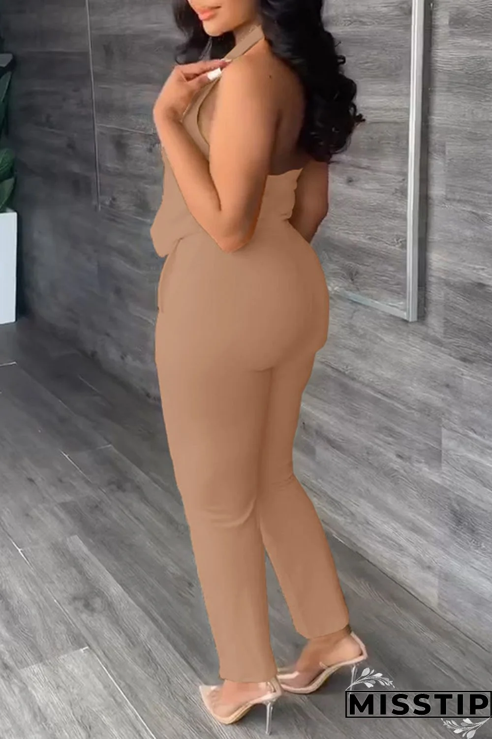 Black Casual Solid Backless Halter Sleeveless Two Pieces