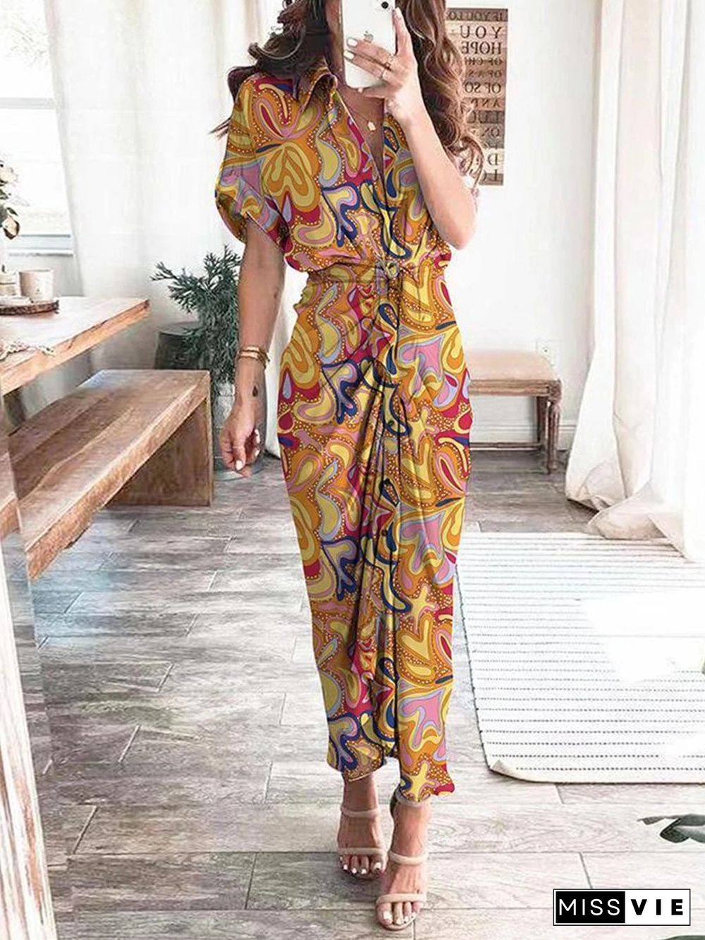 Printed V-neck Shirt Dress P14277