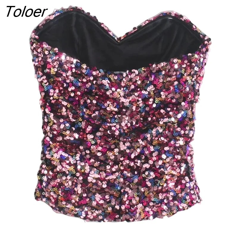 Toloer New Women High Street Strapless Colorful Sequined Slim Short Blouse Ladies Chic Y2K Tube Shirts Pullover Crop Tops LS9986