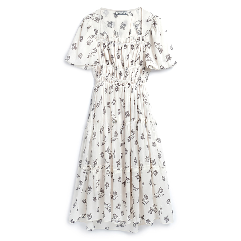 Usasaleprint Printed Square Neck Gored Skirt Dress Elastic Pleated Belly Baring Cake Skirt Dress High Waist Bubble Sleeve OL Sle Commute...