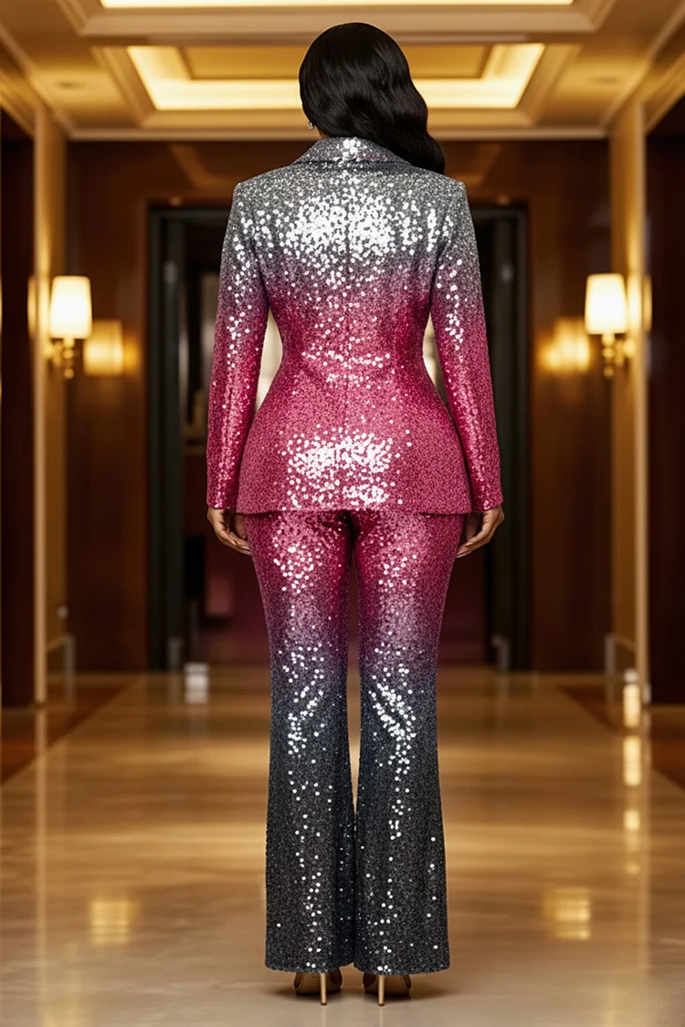 Sequin Ombre Notched Lapel Top Fit Pants Party Suit 2pcs Set-Pink [Pre Order]