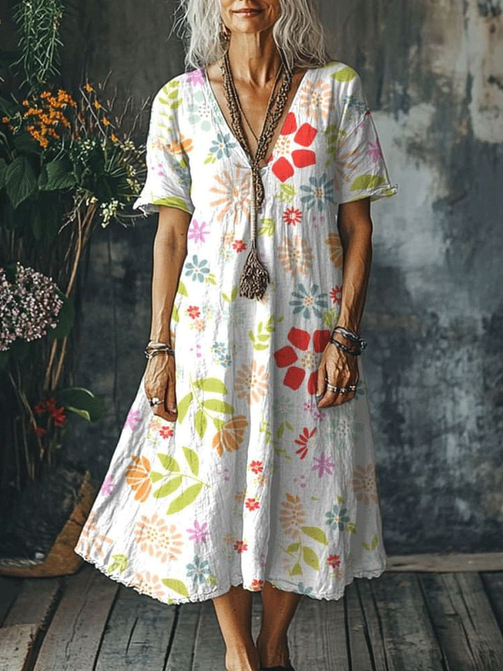 Women's  Flowers Art Print Pocket Cotton Dress