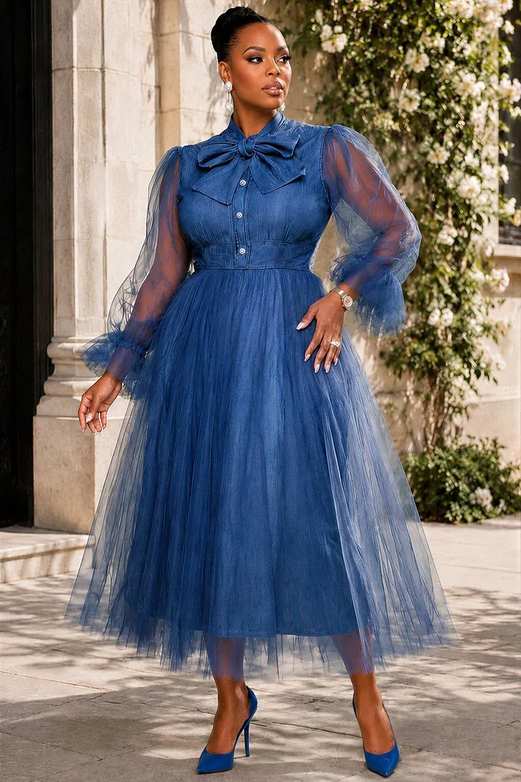 Xpluswear Design Plus Size Business Casual Tulle Blue Stand-Up Collar Long Sleeve Contrast See Through Tencel Denim Midi Dresses [Pre-Order] 2024 - Xpluswear