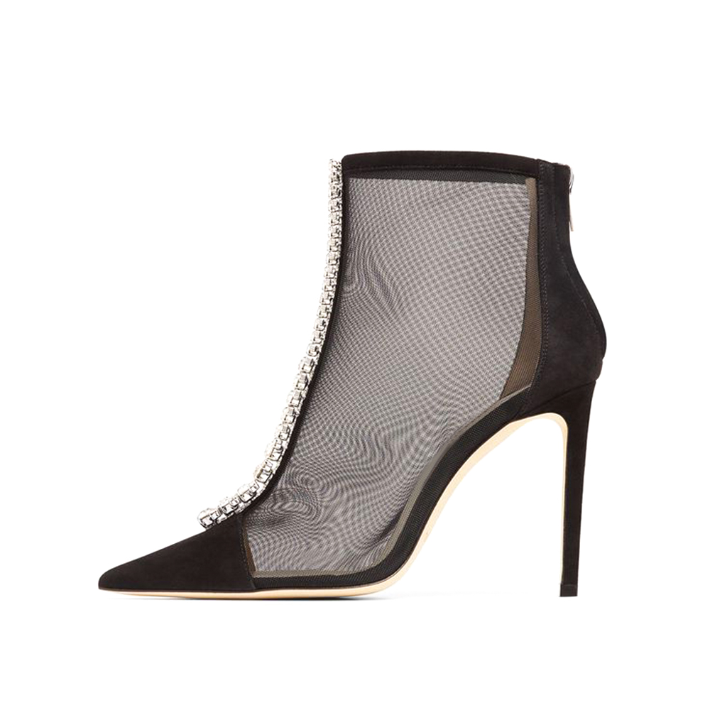 Black Mesh Pointy Toe Charm Transparent Ankle Boots