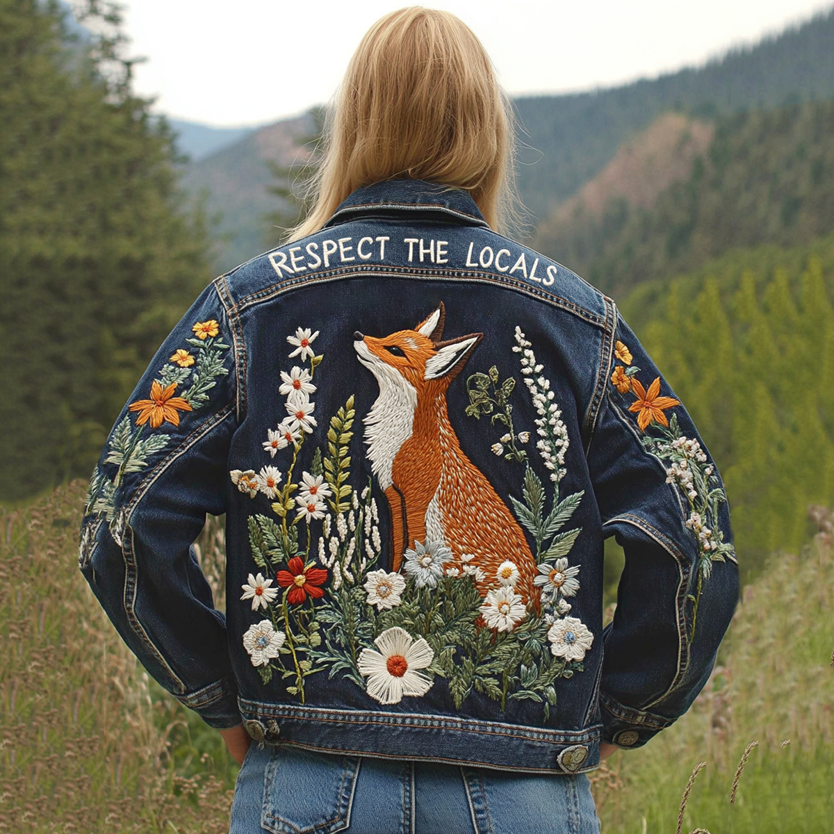 Comstylish Respect The Locals Fox Floral Art Embroidered Denim Jacket