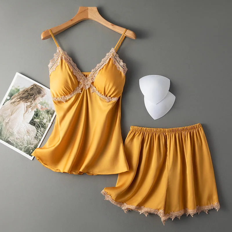 Sexy Satin Lace Suspender Shorts Pajama Set