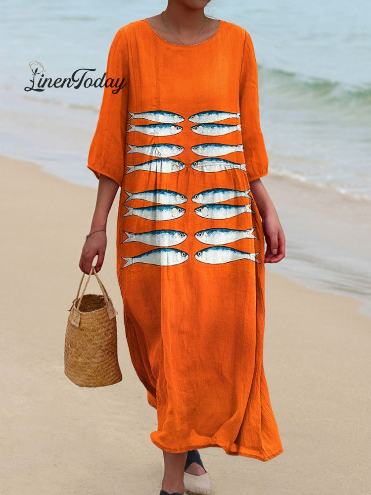 Women’s Vintage Fish Art Print Pocket Cotton Dress Multicolor / S