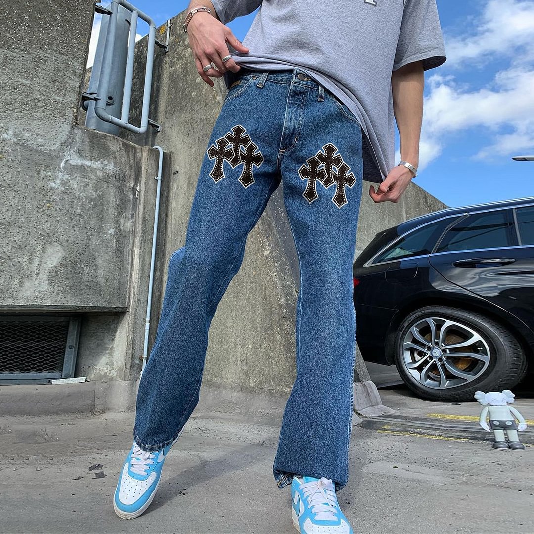 Casual fashion cross print straight-leg jeans