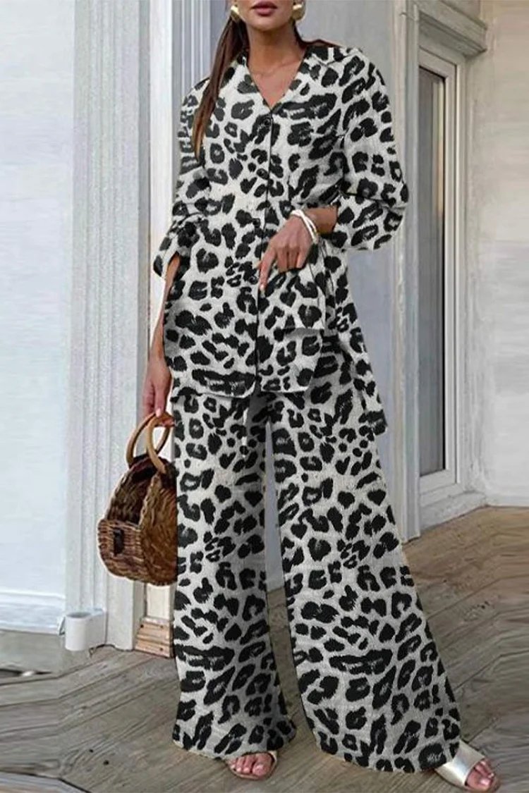 Casual Leopard Patchwork Turndown Collar Long Sleeve Two Pieces socialshop