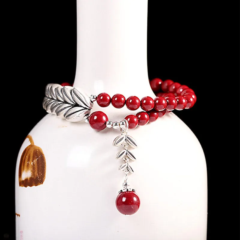 Silver Cinnabar Wheat Pattern Blessing Bracelet