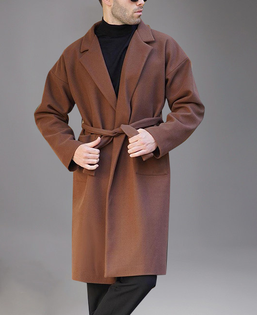 Casual Notch Lapel Patch Pocket Belt Woolen Overcoat