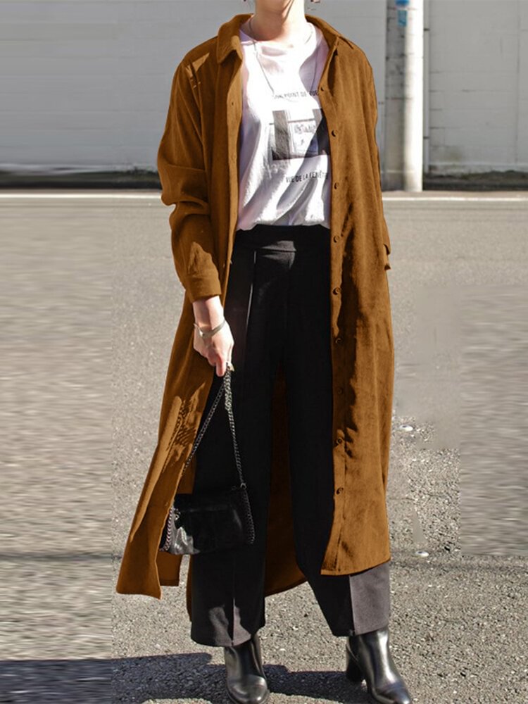Solid Color Button Pocket Long Sleeve Casual Corduroy Shirt for Women P1807573