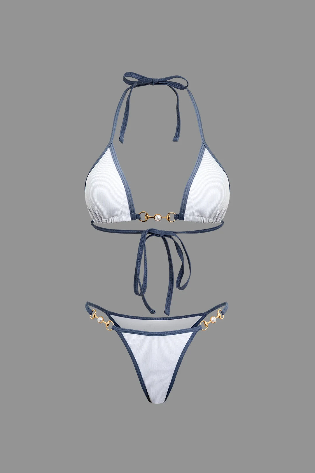 Brownm Vintage Pearl Detail Halter 2 Piece Bikini Set