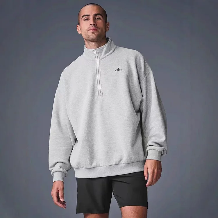 American Style Spring Autumn Half Zip round Neck Sweatshirt Men Loose Heavyweight Stand Collar Long Sleeve Couple Jacket Trendy