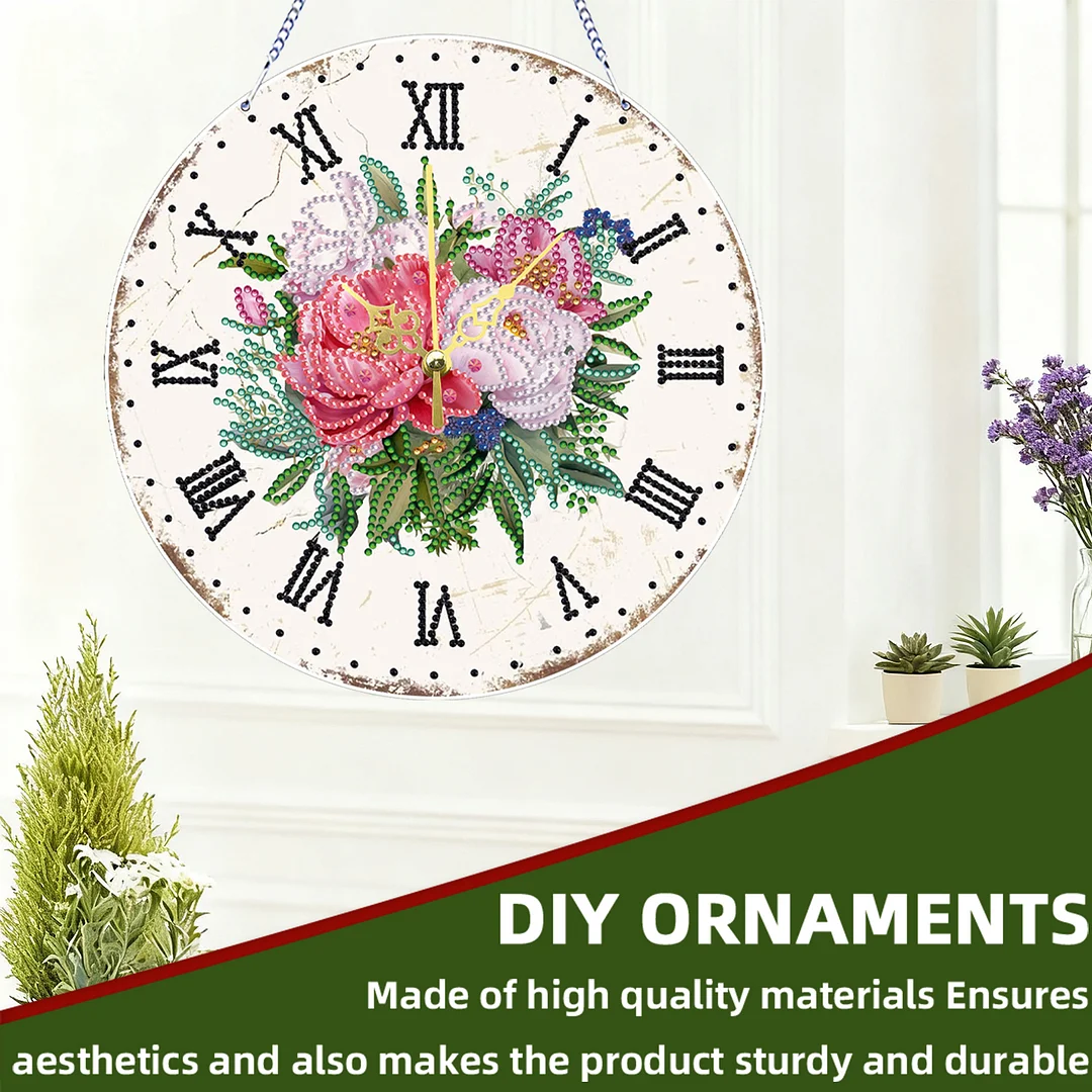 2D DIY Acrylic Pink Flower Diamond Painting Wall Clock Pendant w/ Clock Function