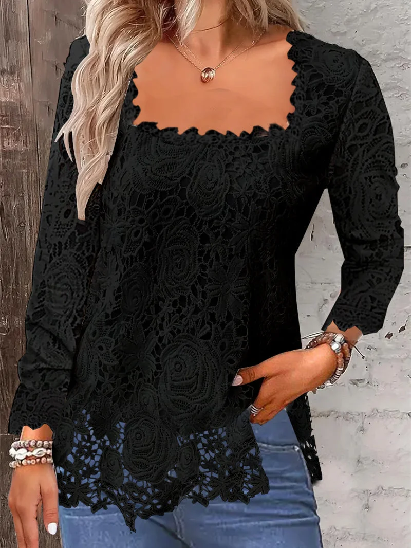 Women Long Sleeve Square Collar Solid Color Lace Tops