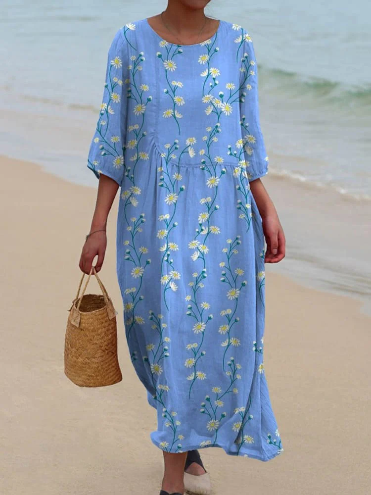 Women's Vintage Lovely Daisy Art Print Pocket Cotton Dress