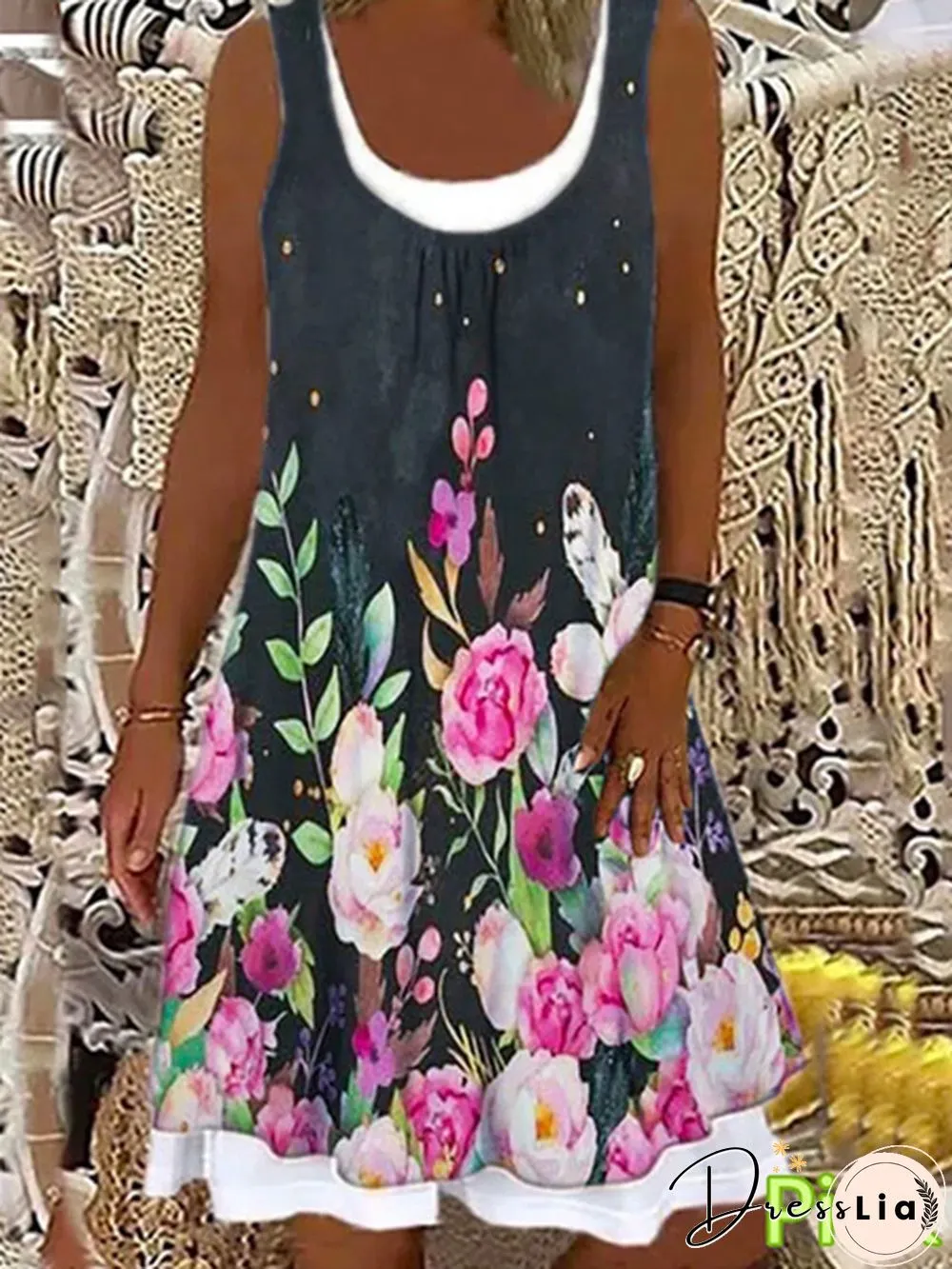 Womens Dress Summer New Fashion Flower Fake Two-piece Printed Sleeveless Round-neck