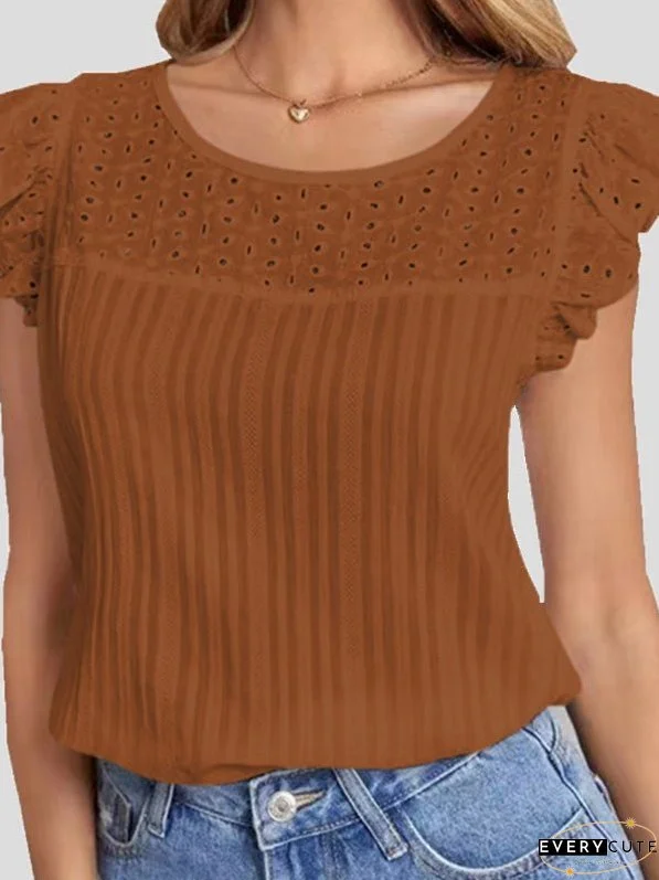 T-Shirts Cutout Crew Neck Ruffle Sleeveless T-Shirt for Women