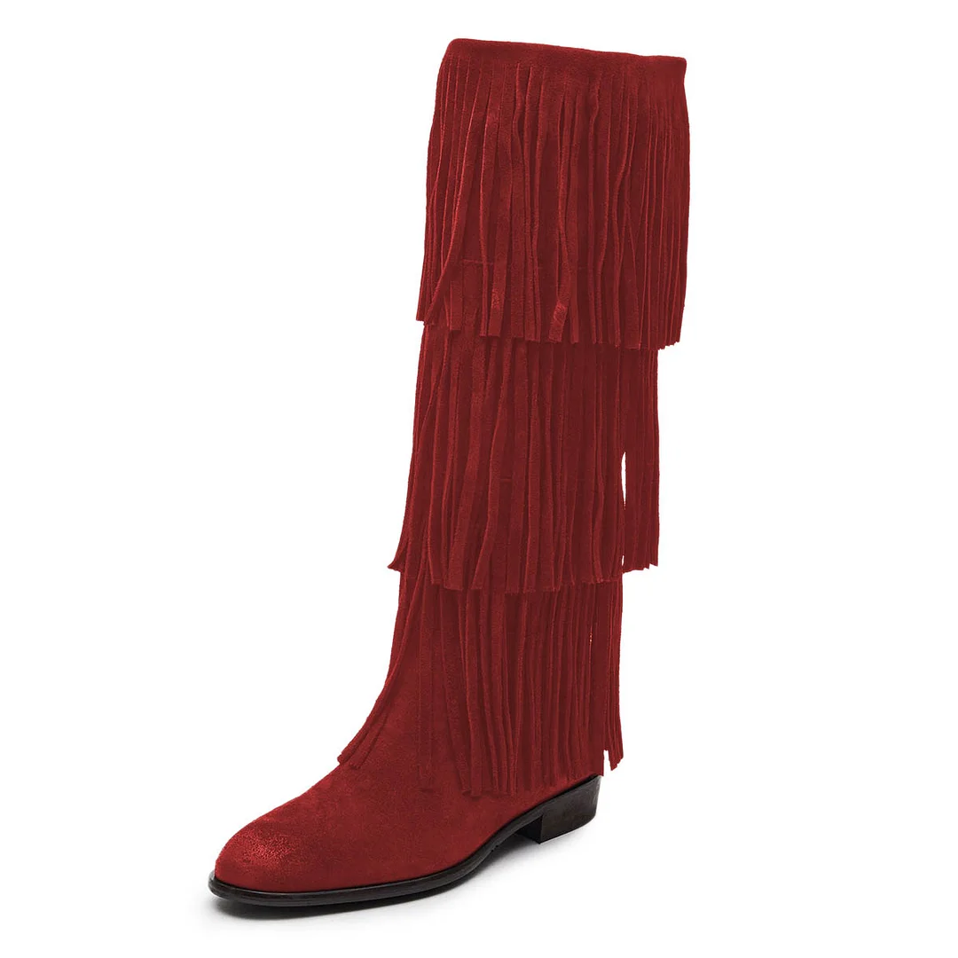Red Vegan Suede Round Toe Fringe Flat Pull On Mid-Calf Boots