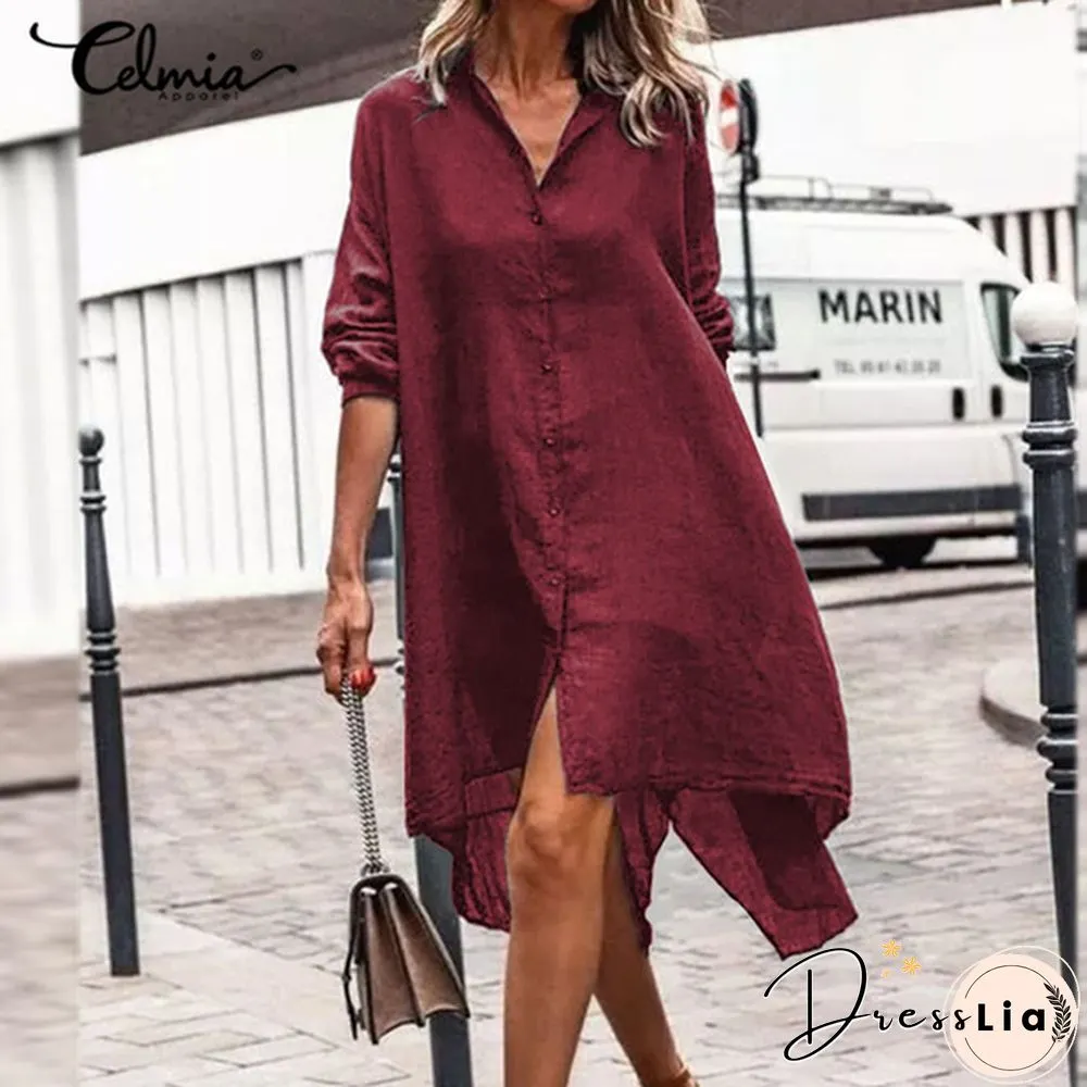 Celmia Women Cotton Long Sleeve Shirt Dress Fashion Irregular Split Hem Party Long Dress Vestidos Plus Size