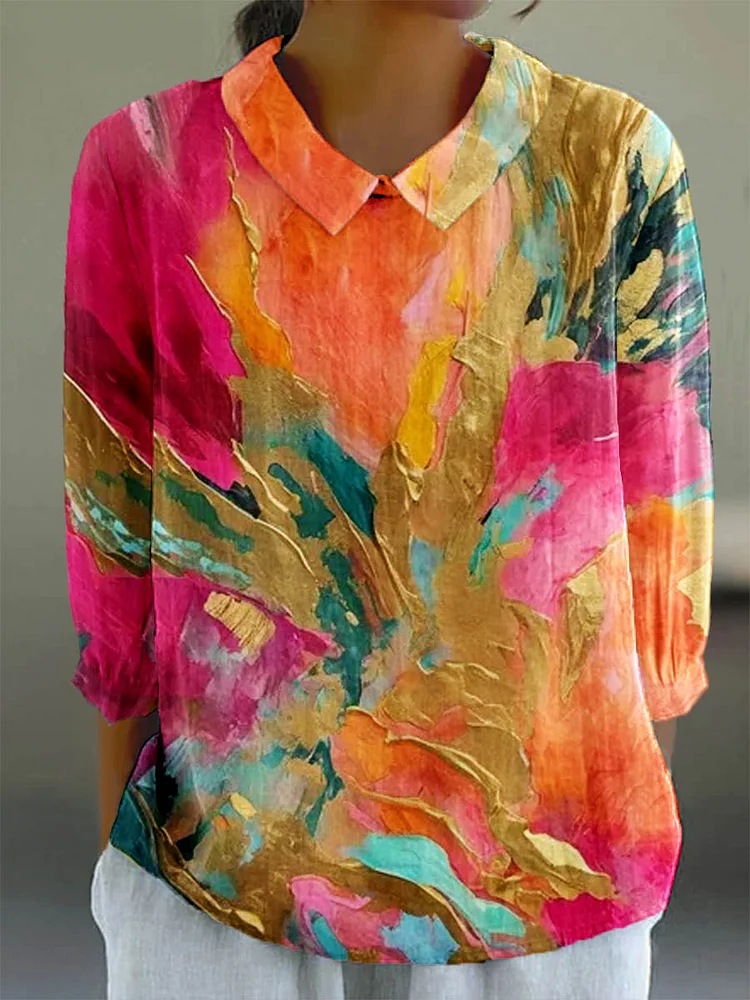 Womens Artistic Abstract Color Pattern Casual Cotton And Linen Top